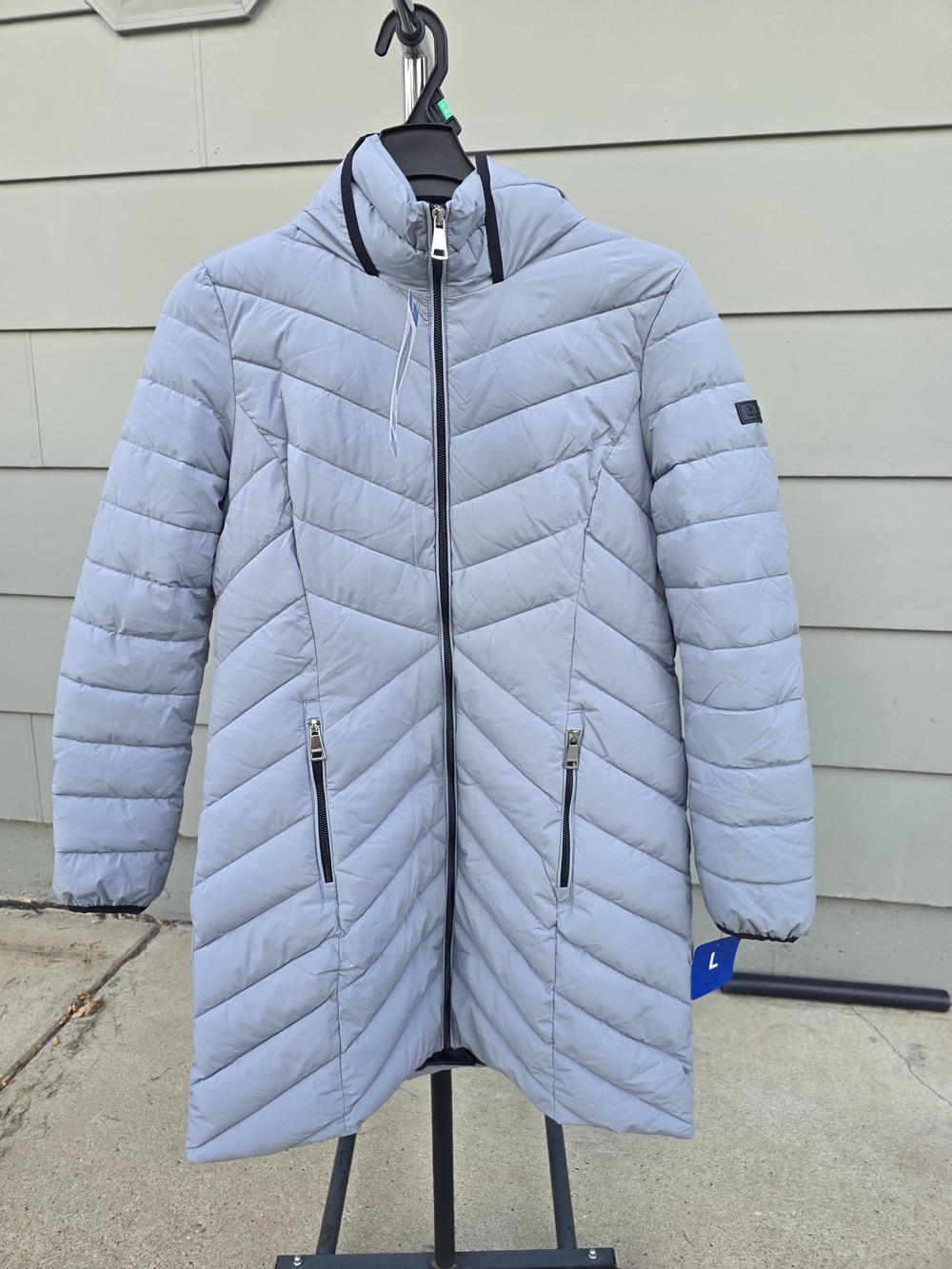 DKNY Light Gray Quilted Long Puffer Coat  Women Size Large